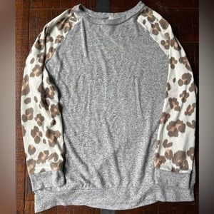 Grateful Hearts Women’s Leopard Print and Gray Long Sleeve Shirt